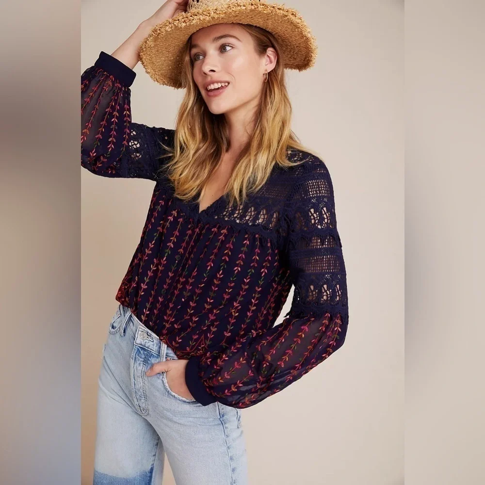 Anthropologie Anya Embroidered Peasant Blouse